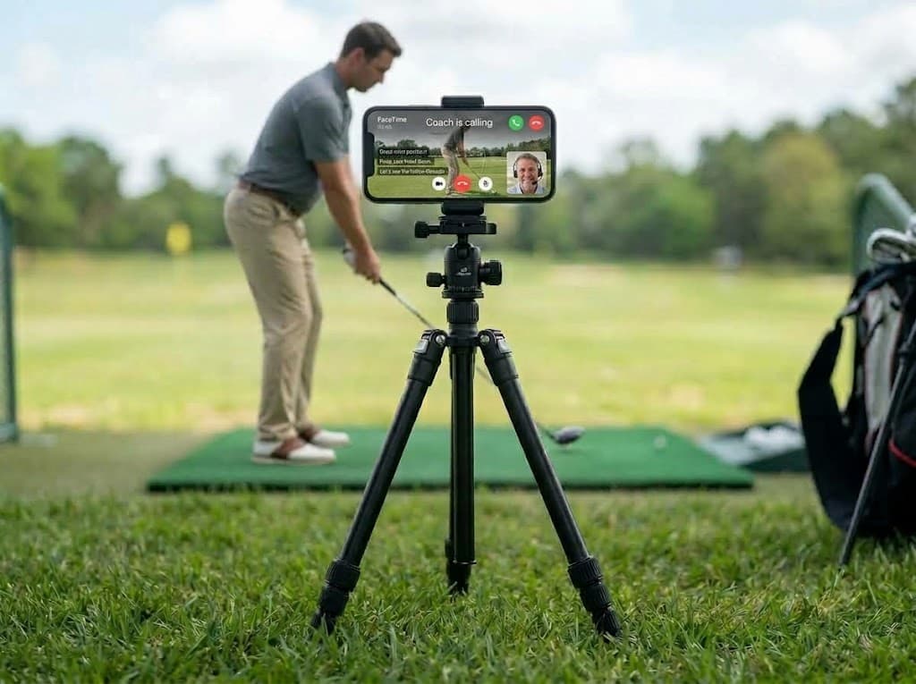 Golfer training with a phone on a tripod while the coach watches live